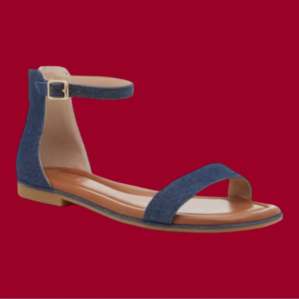 NIB! KELLY & KATE DENIM NAVY ANKLE STRAP SANDAL. W-SIZE 10M. DARK DENIM,BACK ZIP